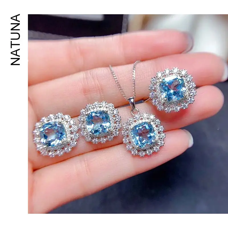 2024 đồ trang sức sang trọng màu Zircon 925 Bạc Vòng cổ biển màu xanh bông tai vòng màu hồng Vòng cổ trang sức Set