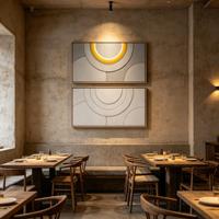 Art mural LED géométrique circulaire, toile abstraite minimaliste illuminée, décoration intérieure neutre pour salon