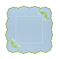 Napperons en lin festonnés avec broderie Muguet, bleu clair, motif floral moderne, pour mariage printanier, lavables à l'eau, décoration de table.