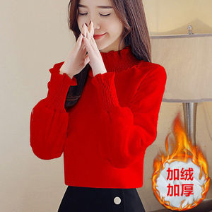Women's Fleece Lined High Neck Sweater Loose Fit Casual Knit <b>Top</b> Red Winter Warm Base <b>Layer</b> Long Sleeve Soft Fashion <b>Top</b> - Product Image 1