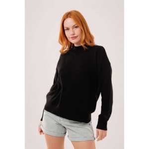 Pull en tricot noir basique pour femme, manches longues, décontracté, anti-boulochage, col côtelé - Product Image 2