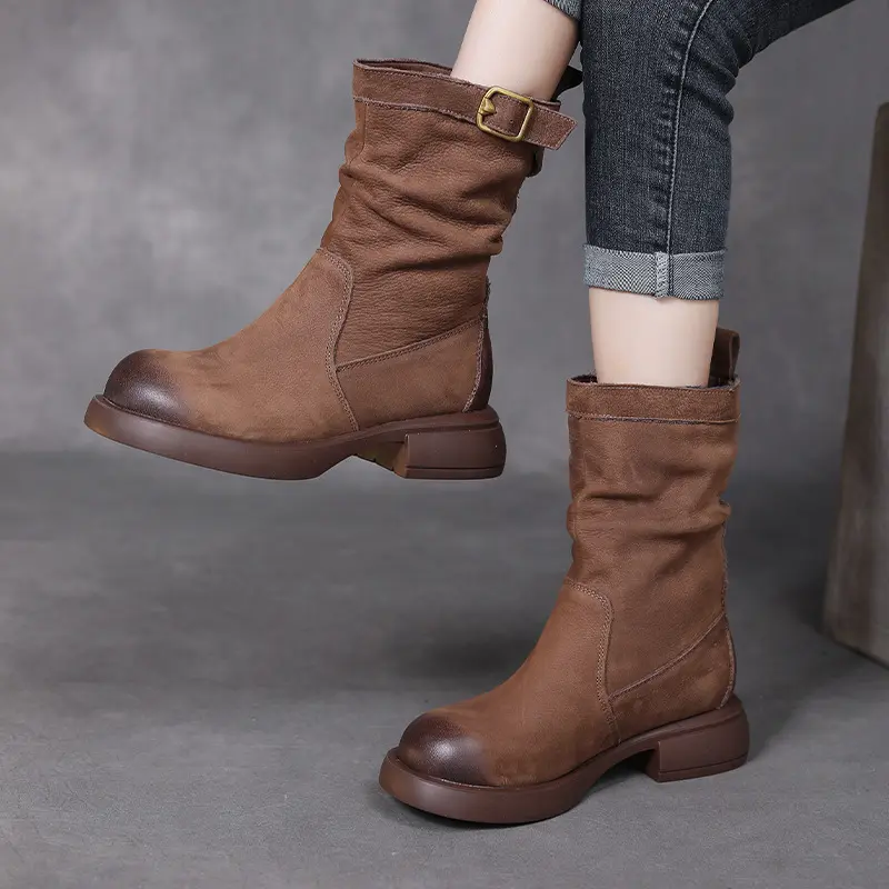 Mid Calf Flat Leather Women's Boots Knight Winter Boots Fashion Retro