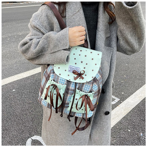 Sac à dos tendance coréen en nylon respirant pour <span class=keywords><strong>femme</strong></span>, grande capacité, polyvalent, motif écossais, avec joli nœud, idéal pour étudiante, style étoile - Product Image 6