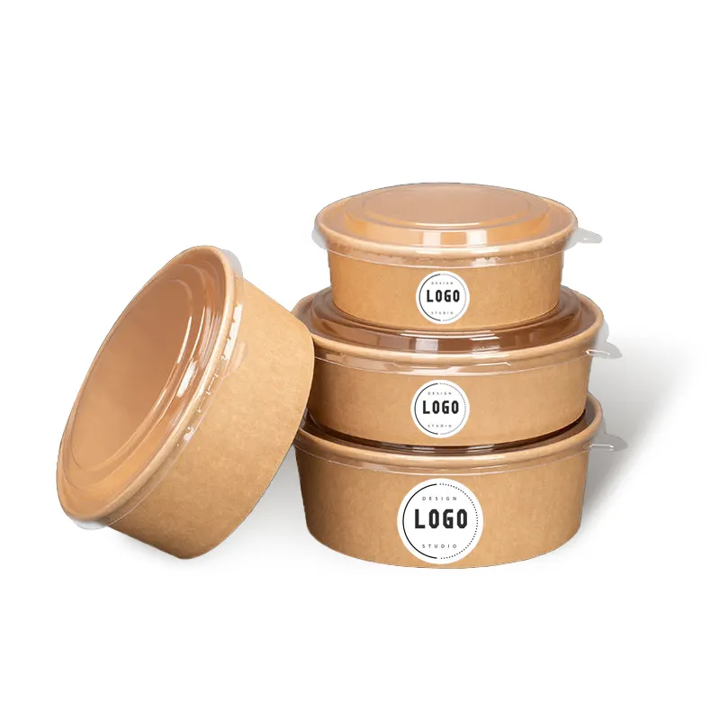 eco friendly 46 oz 24oz round divider disposable Biodegradable coated Craft kraft paper bowls salad bowl with pla lid
