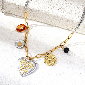 Collar vintage <span class=keywords><strong>de</strong></span> acero inoxidable bicolor con múltiples dijes para mujer, colgante <span class=keywords><strong>de</strong></span> corazón, rosa, margarita, girasol, joyería antideslustre - Product Image 3