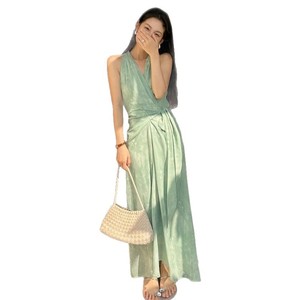 Vestido sin mangas con cuello en V estilo francés de Digim, diseño de lazo en la cintura ajustada para fiestas, viajes, compras y citas - Product Image 5