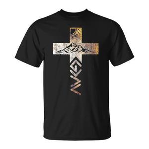 Camiseta con estampado de cruz para cristianos: Dios es mayor que los altos y bajos. - Product Image 1