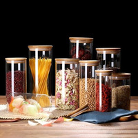 Bocaux en verre transparent de qualité alimentaire avec couvercle en bambou, pour le stockage des céréales, des aliments secs, des collations, du thé, etc.