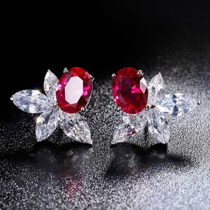 Dainty Fashion Jewelry Eco-friendly Copper Oval Cut 6*8mm <b>Blue</b> Zircon Statement <b>Blue</b> Stone Floral <b>Stud</b> <b>Earrings</b> for Women - Product Image 3