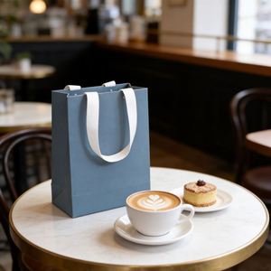 Sac en papier bleu pliable pour le commerce de détail, avec poignée en coton recyclé et design perforé à rivets, personnalisable - Product Image 5