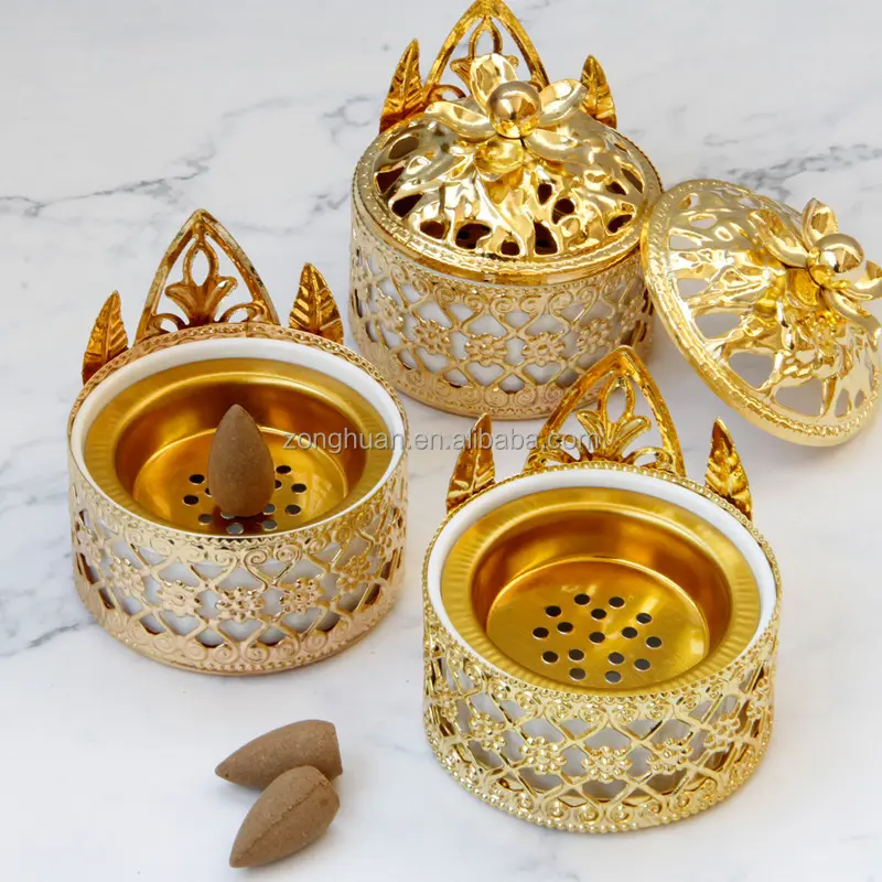 새로운 디자인 중동 스타일 아로마 테라피 용광로 골드 아이언 아트 금속 향 버너 아랍어 장식