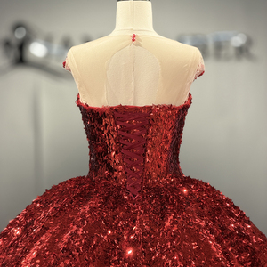 Robe de soirée et de bal Dy8512 antistatique en mousseline bordeaux scintillante avec appliques, taille naturelle, décolleté cœur, sequins et dentelle - Product Image 2