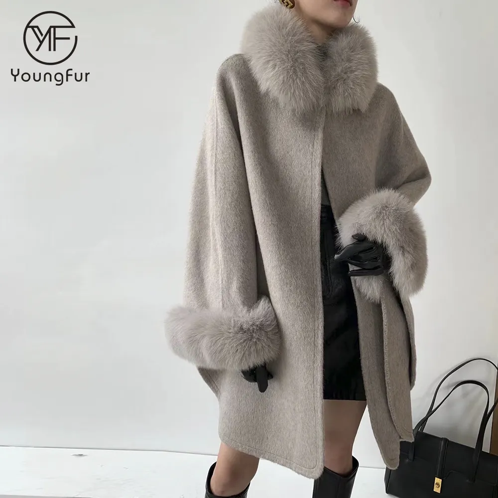 Mantel kasmir panjang syal bulu rubah jahit buatan tangan Eropa jubah wol mode wanita musim dingin dengan bulu