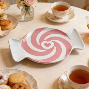 Assiette <span class=keywords><strong>de</strong></span> <span class=keywords><strong>service</strong></span> en mélamine <span class=keywords><strong>de</strong></span> 10,7 pouces, motif tourbillons rose et blanc fantaisie, forme bonbon, pour le thé, le <span class=keywords><strong>service</strong></span> <span class=keywords><strong>de</strong></span> desserts - Product Image 1