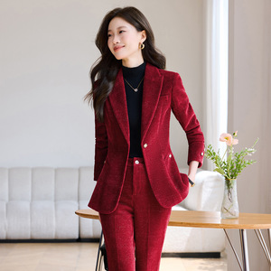 Women's Corduroy Suit Set Red Full Sleeve Office Lady Spring <b>Work</b> Clothes Professional Casual Style - Product Image 1