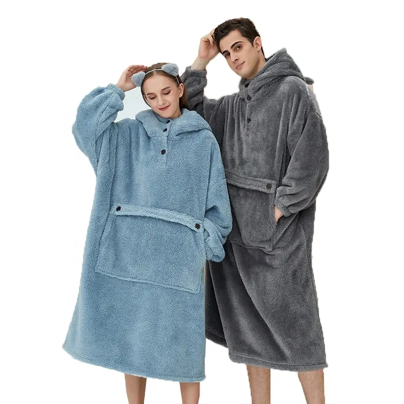 Pijama de lana de felpa con capucha para hombre y mujer, bata de baño de invierno, venta al por mayor