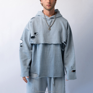 Produttore Personalizzato di Abbigliamento Moda Taglie Forti, Felpa Spessa 100% Cotone Foderata Anti-Pilling, Vestibilità Ampia, Modello Due-in-uno, Taglio Girocollo, Effetto Distressed e Orlo Grezzo - Product Image 1