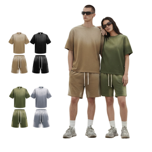Wholesale Eco-Friendly Vintage Breathable <b>Knitted</b> Crew Neck 2-Piece <b>Set</b> T-shirt Shorts Summer Retro Washed Loose Casual Mens - Product Image 1