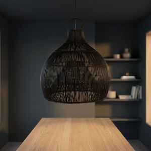 Lustre suspendu rond en rotin tissé noir fait à la main avec source de lumière LED, décoration moderne minimaliste pour la maison - Product Image 2