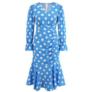 Graziosi passi Sexy a <span class=keywords><strong>pois</strong></span> con scollo a V abito a maniche lunghe plissettato a coda di pesce gonna Midi Slim Fit taglie forti per bambini - Product Image 5