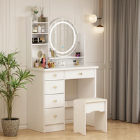 Table de maquillage moderne au design simple avec miroir LED rond lumineux en chêne, avec siège et tiroir, pour chambre d'hôtel