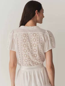 Blusa de Oficina de Verano para Mujer, Blanca, Vintage, Sólida, Bordada, con Recortes, Cuello Camisero, Juvenil, Manga Corta, con Botones, ODM - Product Image 2