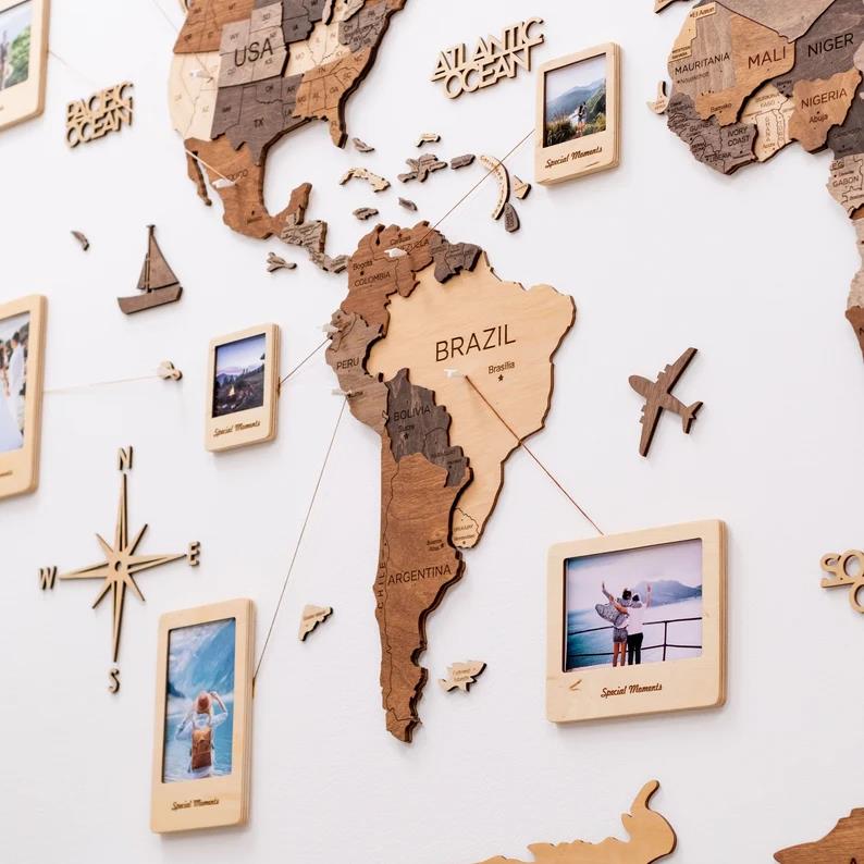 Weltkarte Holz Подарок на годовщину с изображением деревянной стены карта 3d деревянная карта с фоторамкой