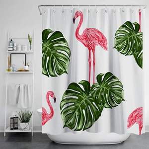 Cortinas de <span class=keywords><strong>ducha</strong></span> con estampado de flamencos y plantas tropicales personalizadas con impresión Digital, decoración del hogar, pantalla de baño impermeable con logotipo personalizado - Product Image 1