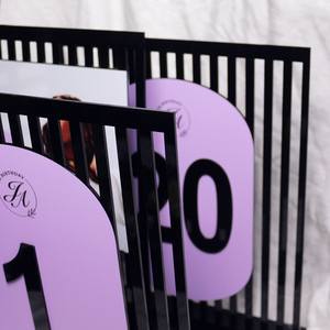 Elegantes tarjetas de menú de boda acrílicas con marco de rayas negras, Sección de recetas de bebidas ovaladas moradas y exhibición de fotos - Product Image 2