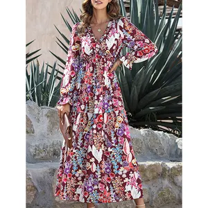 Woman Boho Floral V Neck Maxi Long Dress Women'S Summer Vacation Fashion Flower Print Elegant casual Beach Street Party Dress