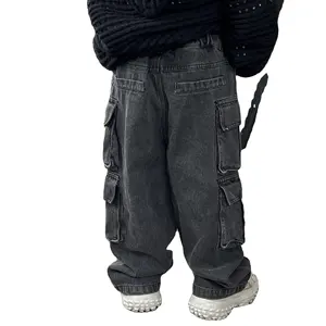 Celana Jeans kerja anak-anak, celana longgar kasual banyak saku untuk laki-laki 2024