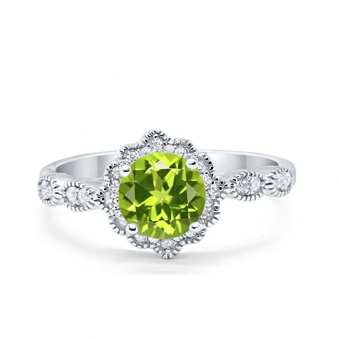 Peridot With Zircon Halo Floral Wedding Ring 925 Sterling Silver Fine Jewelry