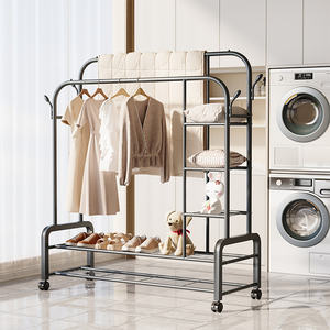 Perchero Móvil Multifuncional Personalizable de Doble Barra con Estantes de Almacenamiento, Estructura de <span class=keywords><strong>Metal</strong></span> Inoxidable para Dormitorio y Balcón - Product Image 3