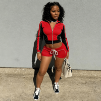 Women's Two <strong>Piece</strong> <strong>Set</strong> Zipper Crop Jacket Long Sleeve Matching <strong>Shorts</strong> Sporty Casual Wear Street Style Fashion OEM ODM Custom