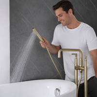 Robinet de baignoire mural en laiton brossé doré, double usage eau froide et chaude, avec douchette pluie pivotante à 360 degrés, vente en gros