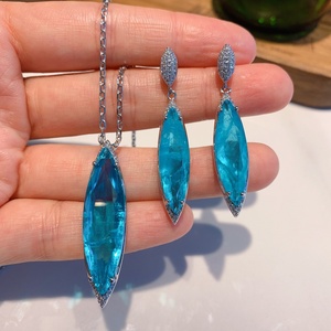 High End Eco-friendly Copper Marquise Cut 10*35mm Blue Paraiba Zircon Fashion Necklace <b>Earrings</b> <b>Set</b> Party Jewelry <b>Set</b> for Women - Product Image 1