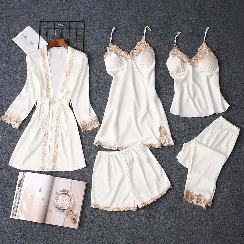 Bộ Áo Choàng Nữ Gợi Cảm Áo Choàng Tắm Ren + Váy Ngủ 5 Món Bộ Đồ Ngủ Nữ Bộ Áo Choàng Lụa Giả Cho Nữ