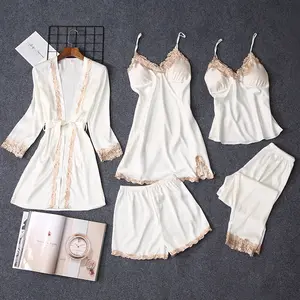 Ensemble Sexy pour femmes, peignoir en dentelle + Robe de nuit 5 pièces, vêtements de nuit pour femmes, ensemble de nuit en fausse soie