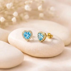 Elegant Sky Blue Topaz Heart Shape <b>Stud</b> Earrings Gold CZ Halo Design Natural Gemstone Jewelry In 925 <b>Sterling</b> <b>Silver</b> Minimalist - Product Image 5