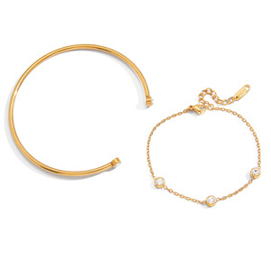 Pulsera Geométrica Redonda de Circonita, Chapada en Oro de 18K, con Engaste de Acero Inoxidable, para Uso Diario, Unisex, Juego de Joyería de 2 Piezas - Product Image 5