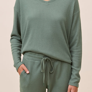 Ensemble de pyjama en tricot gaufré pour femme, haut personnalisé <span class=keywords><strong>à</strong></span> col en V et manches longues avec pantalon de jogging <span class=keywords><strong>à</strong></span> cordon de serrage, vêtements de détente confortables - Product Image 3