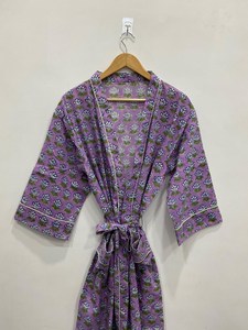 Purple Floral Print Women's Kimono Robe <b>Three</b> Quarter Sleeve V-neck Wrap Belt Loose Fit Midi Length Casual Wear All Seasons - Product Image 3