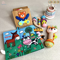 Ensemble de jouets sensoriels Montessori 6 en 1, hochet en bois écologique et livre en tissu avec animaux, jouet en silicone à empiler, puzzle 3D, coffret cadeau pour tout-petits