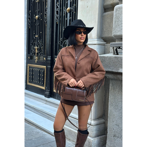 Veste en daim marron automne-printemps avec pompons en cuir de mouton, logo personnalisé, style bomber oversize, taille XL, polyester - Product Image 3