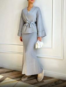 Conjunto de Dos Piezas de Suéter Elegante para Mujer de Otoño/Invierno, Cárdigan de Punto con Cuello en V y Mangas Anchas, <span class=keywords><strong>Falda</strong></span> Larga Ajustada a <span class=keywords><strong>Media</strong></span> Pierna - Product Image 3