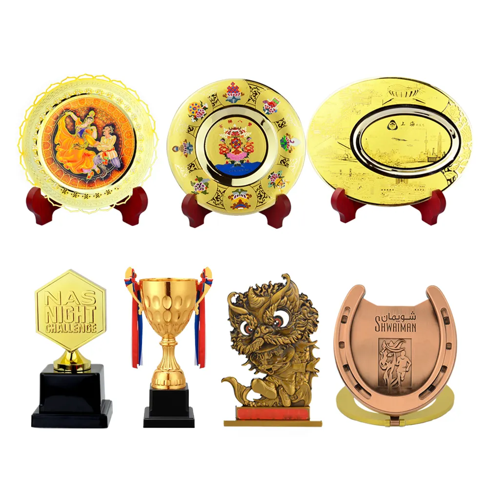 Custom Engraved Craft Metal and Wooden Cup Stand Gold Trophy Plate Embossed Souvenir Award Medal Plaque
