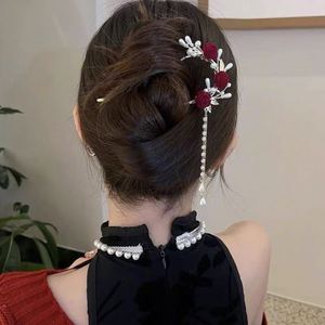 Bâtonnet à cheveux chinois en U pour femme, avec fleur rouge et pompon, épingle à chignon ancienne, fourchettes à cheveux, baguettes, strass, bijou de cheveux Hanfu - Product Image 5