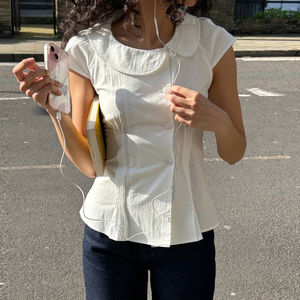 Chemisier à col babydoll uni, style girly, boutonné sur le devant, cintré à la taille, froncé, décontracté, jeune et mignon, idéal pour le campus - Product Image 4