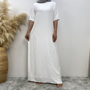 6722# White Short Sleeves Wrinkle Crepe slip Dress Solid Color Modesty Inner Dresses With Chiffon Lining - Product Image 5