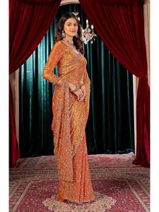 Wholesale Premium Heavy Fandy <b>Satin</b> Designer <b>Saree</b> with Artistic Heavy Beads Embroidery Work Matching Designer Blouse Wedding - Product Image 4